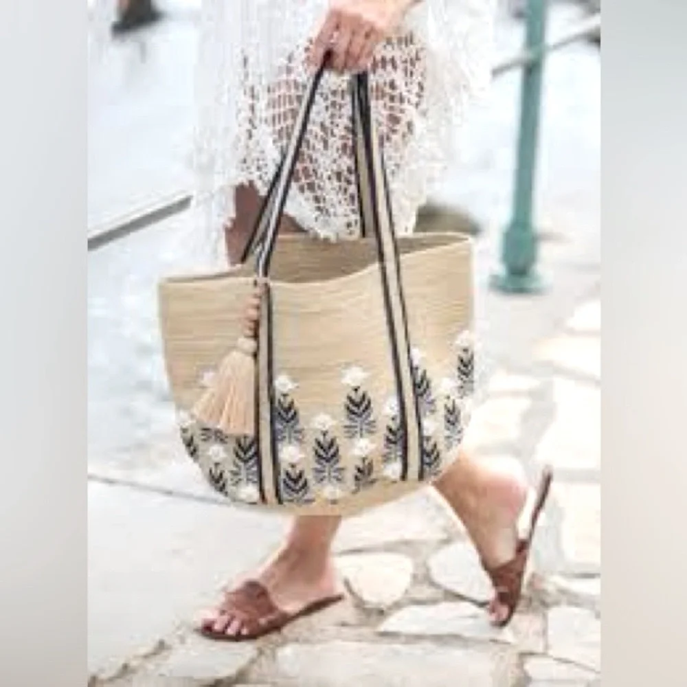 NEW Shiraleah Fiorella Natural Woven Jute Large Tote Bag Painted Floral Pattern